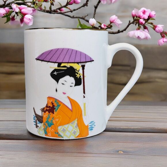 Japanese Geisha Girl Tea Cup Ceramic Painted Design Coffee Mug Gold Trim Orange - Picture 1 of 13